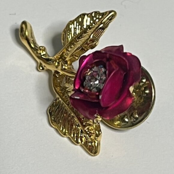 VTG "A Christmas Rose" Lapel Hat Pin Gold Tone w/Rhinestone Hope Love 1.25" - Picture 8 of 12